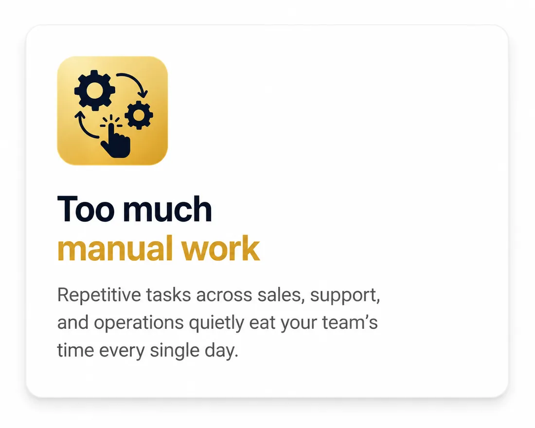 Too much manual work. Repetitive tasks across sales, support and operations quietly eat your team's time every single day.