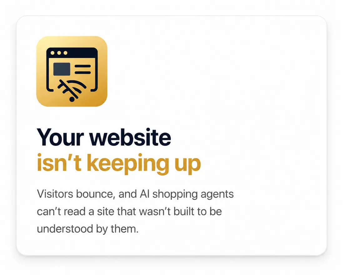 Your website isn't keeping up. Visitors bounce, and AI shopping agents can't read a site that wasn't built to be understood by them.