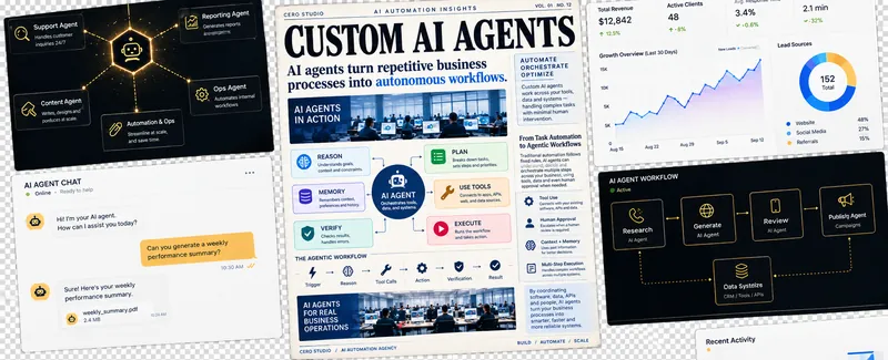 A magazine spread headlined Custom AI Agents, surrounded by an agent network diagram, a live agent chat, a revenue dashboard and a research-to-publish workflow.