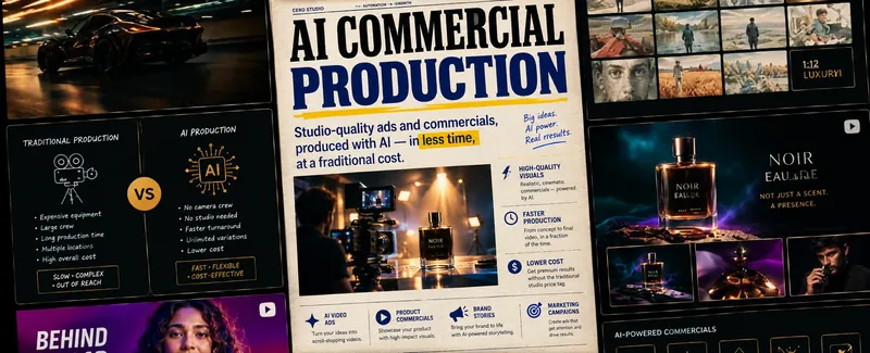 A magazine spread headlined AI Commercial Production, surrounded by cinematic car and fragrance stills and a traditional-versus-AI production comparison.
