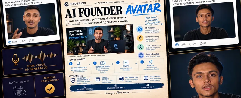 A magazine spread headlined AI Founder Avatar, surrounded by talking-head social posts of a founder, a voice-cloning waveform and a four-step clone-to-publish process.