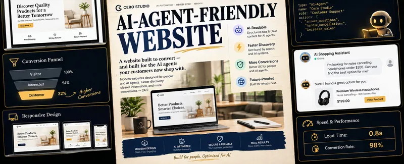 A magazine spread headlined AI-Agent-Friendly Website, surrounded by a storefront mockup, a conversion funnel, responsive device layouts and an AI shopping assistant.